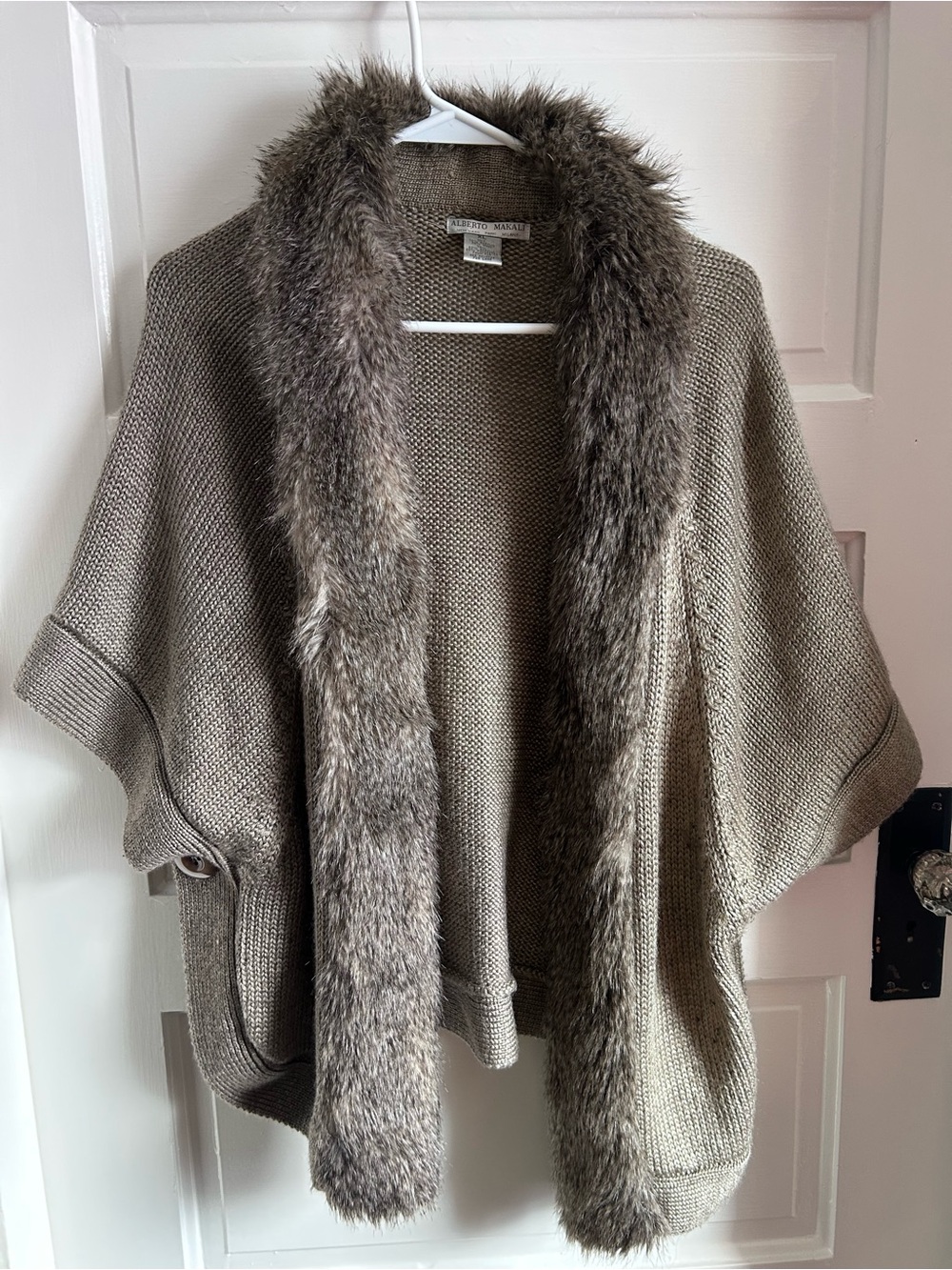 Alberto Makali Taupe Knit Poncho with Faux Fur Trim